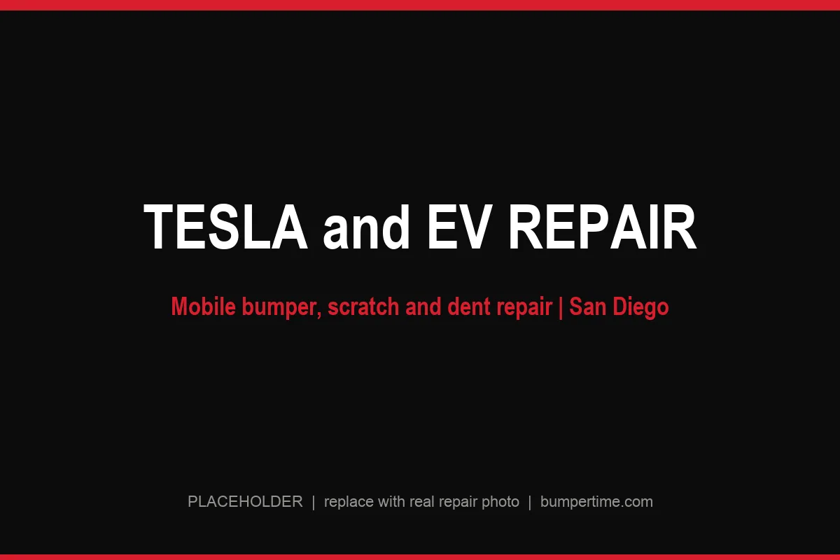 Tesla bumper repair in San Diego, mobile technician refinishing a Tesla rear bumper on-site